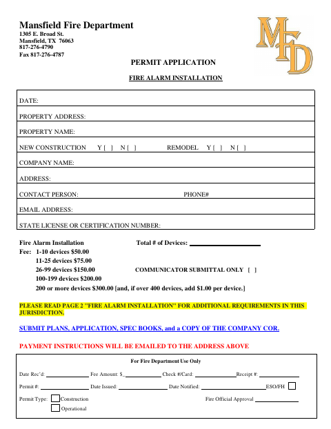 First page of the Fire Alarm Installation Permit Application