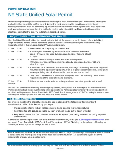 First page of the Unified Solar Permit Application