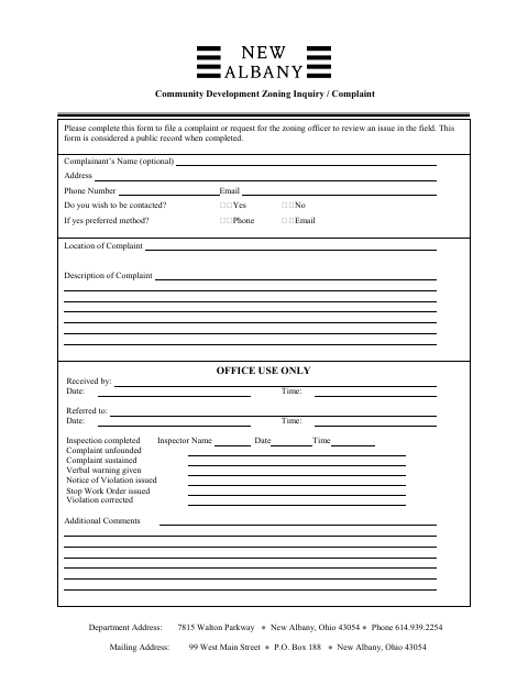 First page of the Zoning Inquiry / Complaint
