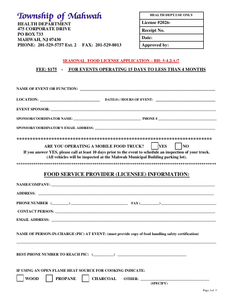 First page of the Seasonal Food License Application
