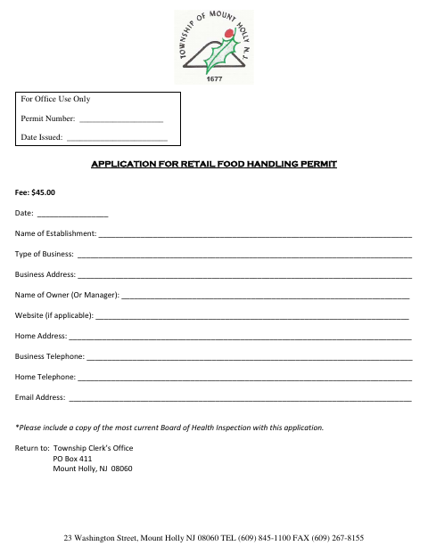 First page of the Application for Retail Food Handling Permit