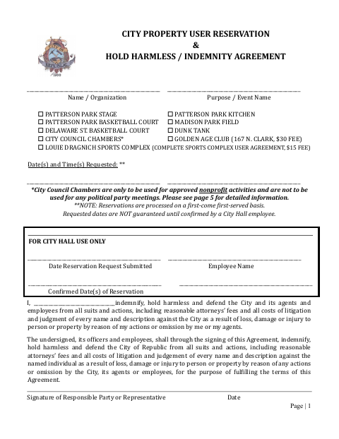 First page of the City Property User Reservation & Hold Harmless / Indemnity Agreement