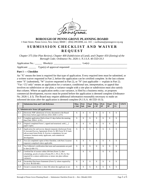 First page of the Submission Checklist and Waiver Request