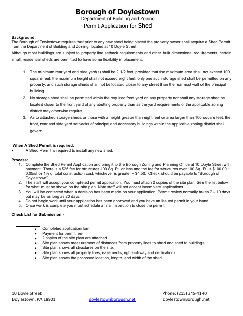 First page of the Permit Application For Shed