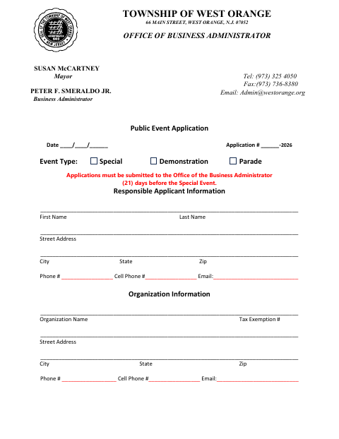 First page of the Public Event Application