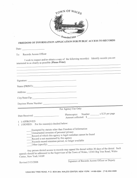 First page of the Freedom of Information Application for Public Access to Records