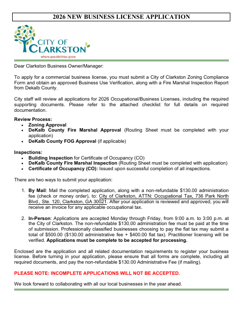 First page of the New Business License Application