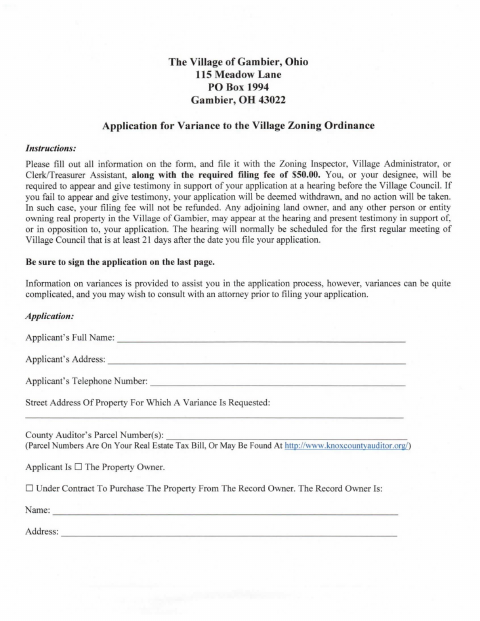 First page of the Application for Variance to the Village Zoning Ordinance
