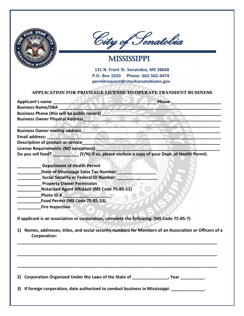 First page of the Transient Business License Application