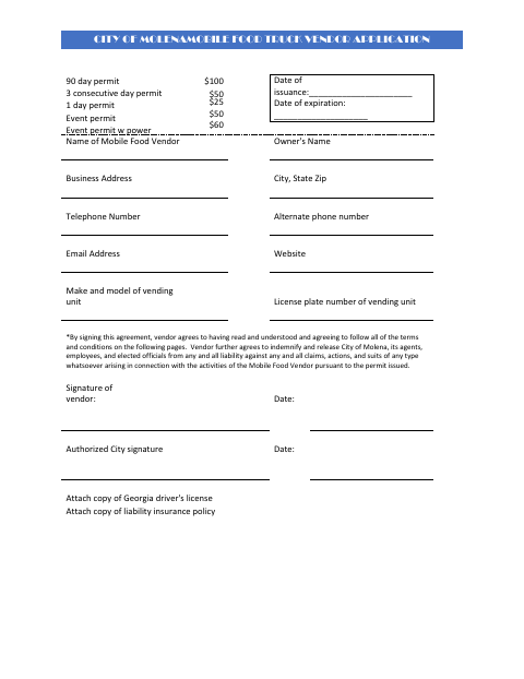 First page of the Mobile Food Truck Vendor Application