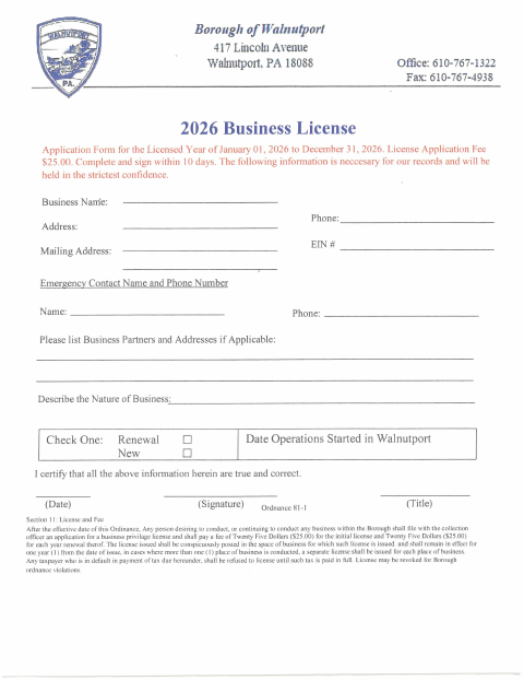First page of the 2026 Business License Application
