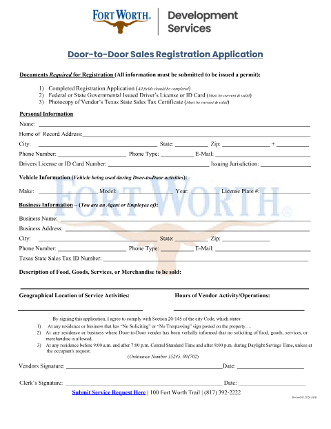 First page of the Door-to-Door Sales Registration Application