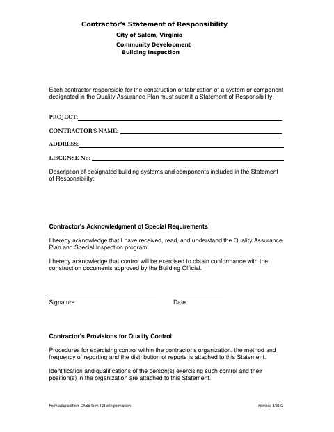 First page of the Contractor’s Statement of Responsibility