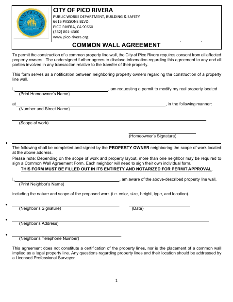First page of the Common Wall Agreement