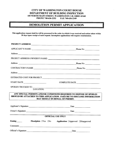 First page of the Demolition Permit Application
