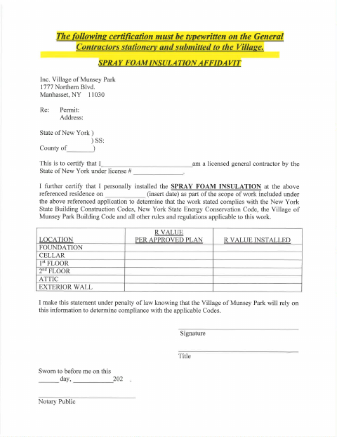 First page of the Spray Foam Insulation Affidavit