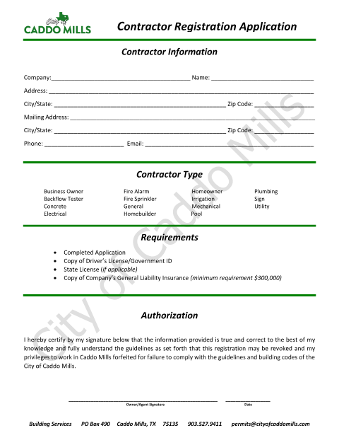 First page of the Contractor Registration Application