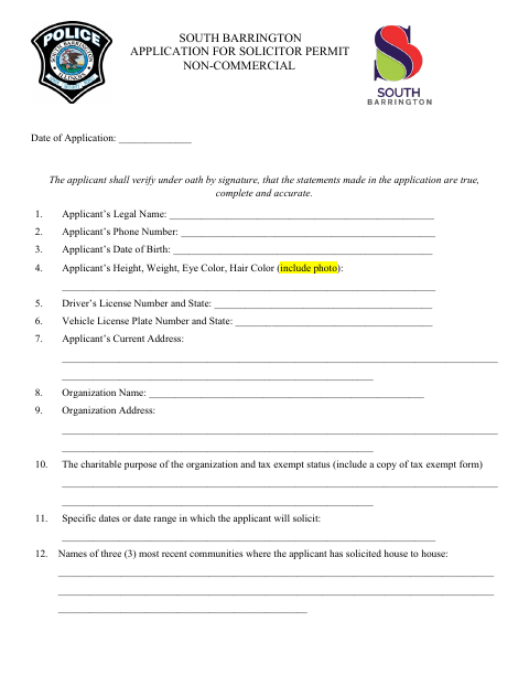 First page of the Application for Solicitor Permit Non-Commercial
