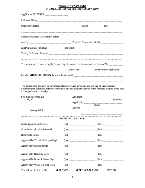 First page of the Minor Subdivision Review Application