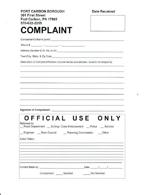 First page of the Complaint Form