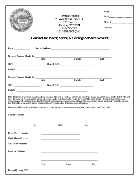 First page of the Contract for Water, Sewer, & Garbage Services