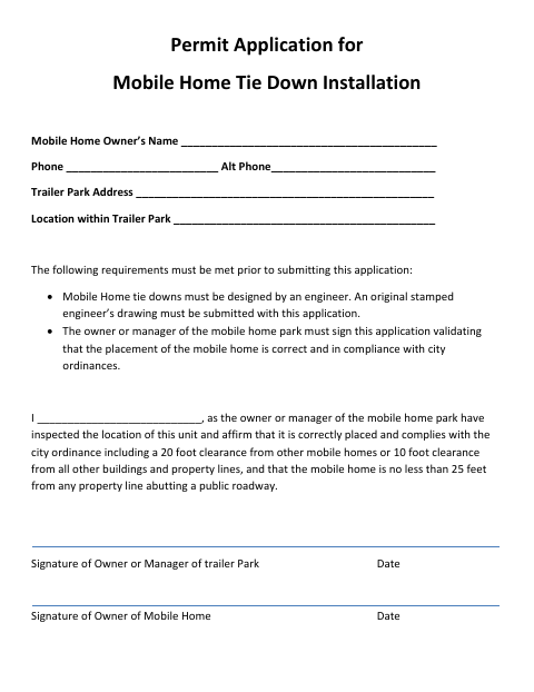 First page of the Permit Application for Mobile Home Tie Down Installation