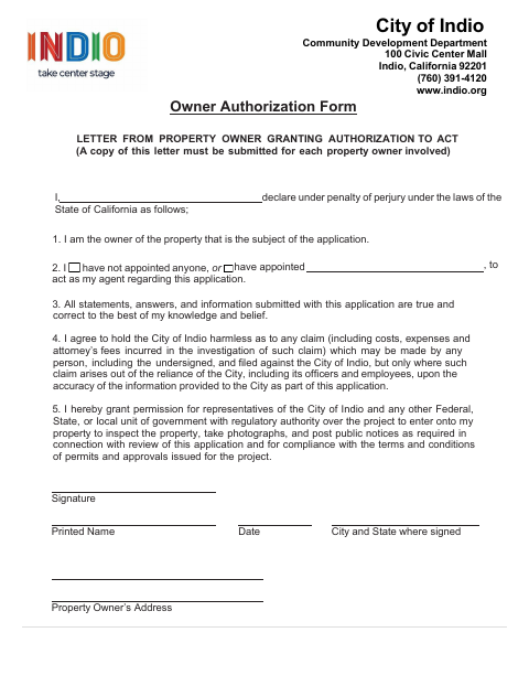 First page of the Owner Authorization Form