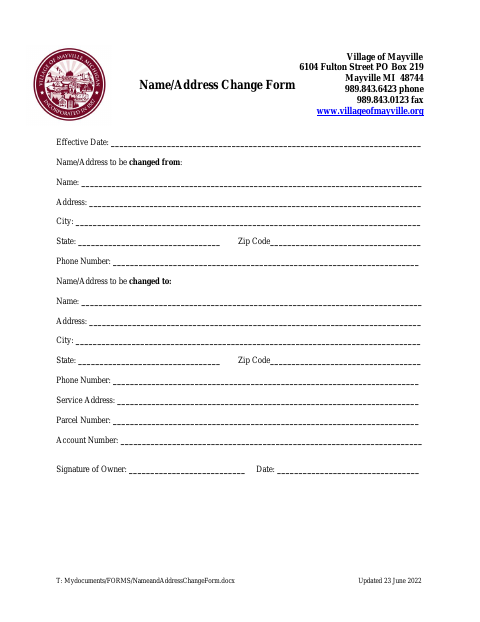 First page of the Name/Address Change Form