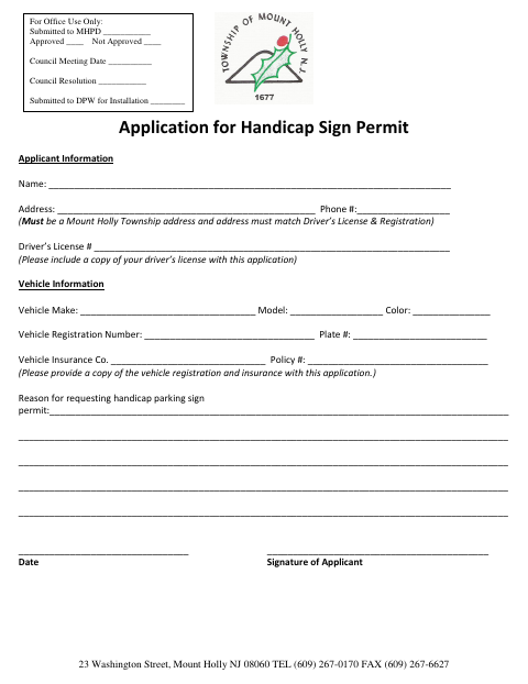 First page of the Application for Handicap Sign Permit