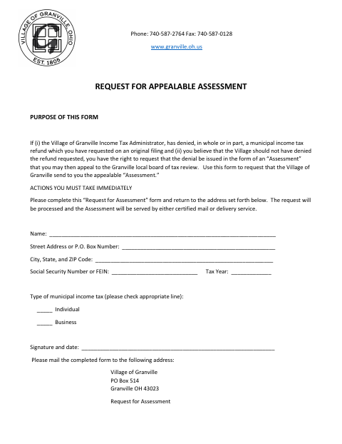 First page of the Request for Appealable Assessment