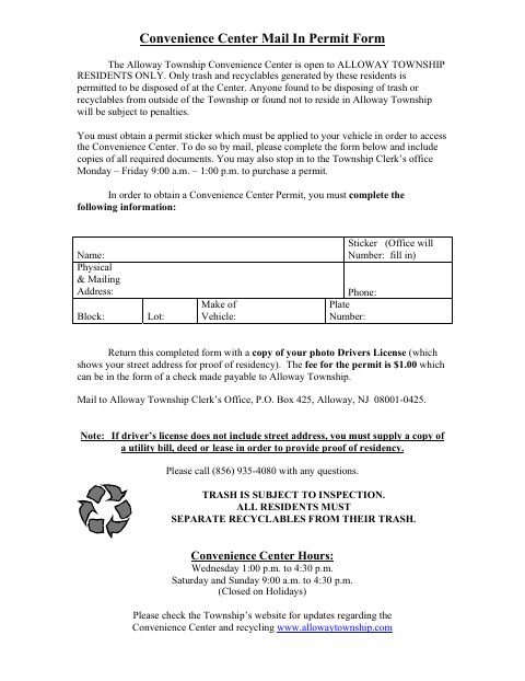 First page of the Convenience Center Mail In Permit Form
