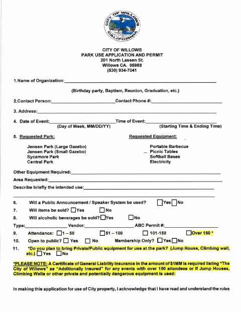 First page of the Park Use Application and Permit