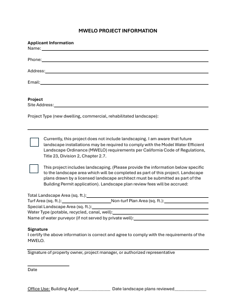 First page of the MWELO Project Information