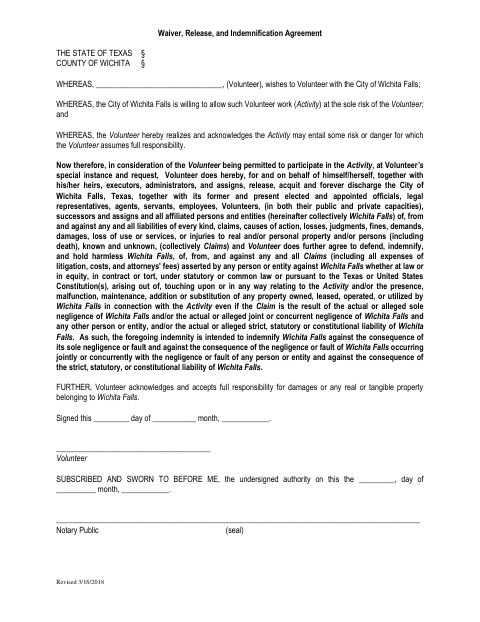 First page of the Volunteer Release of Liability Waiver