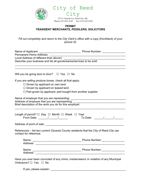 First page of the Permit for Transient Merchants, Peddlers, and Solicitors
