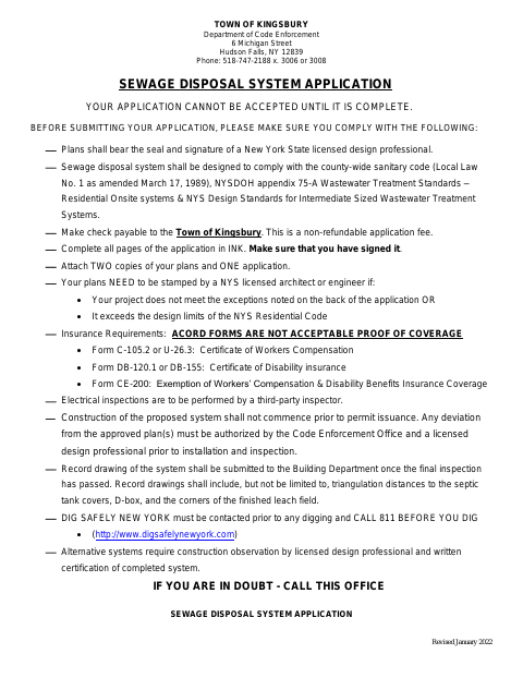 First page of the Sewage Disposal System Application