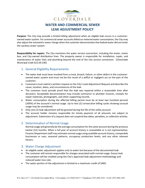 First page of the Water and Commercial Sewer Leak Adjustment Policy