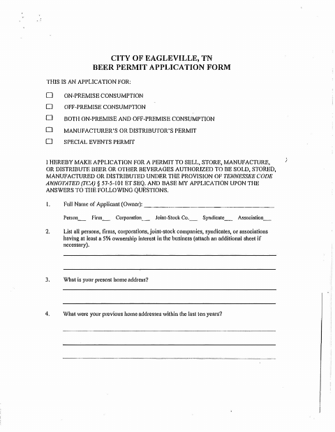 First page of the Beer Permit Application