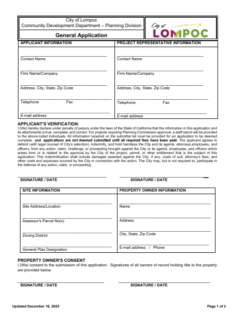 First page of the General Application (Property Owner Signature Required)