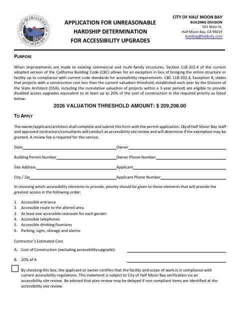 First page of the Application for Unreasonable Hardship Determination for Accessibility Upgrades
