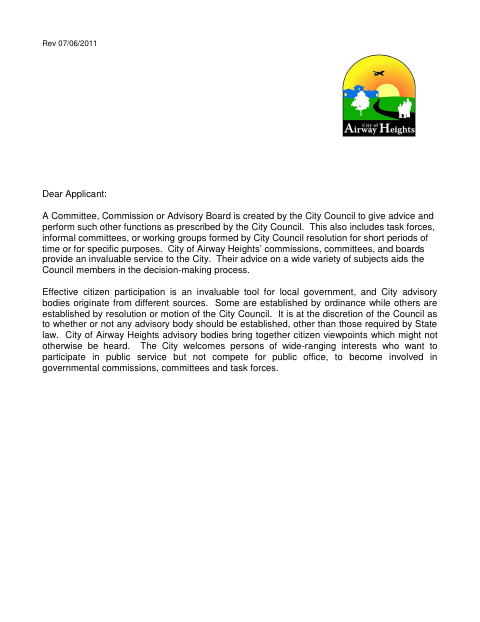First page of the Commission, Committee, or Board Application