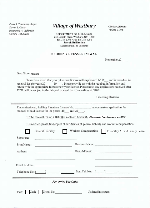 First page of the Plumbing License Renewal Form