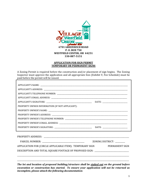 First page of the Application for Sign Permit Temporary or Permanent Signs