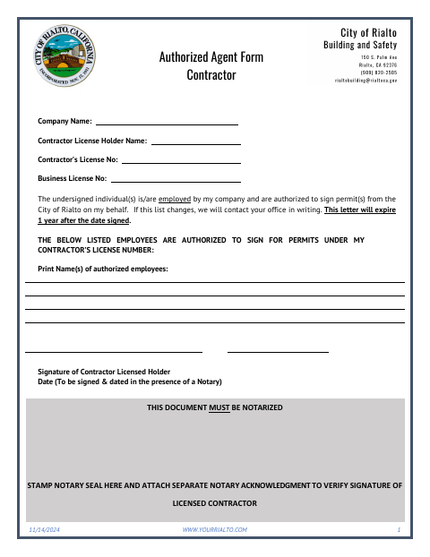 First page of the Contractor Authorized Agent Form