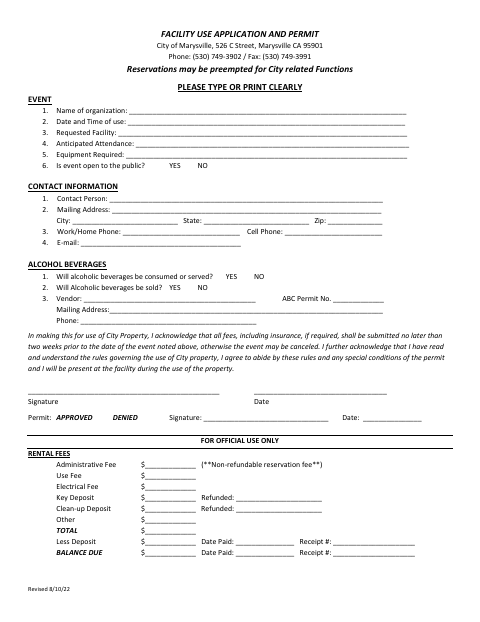 First page of the Facility Use Application and Permit