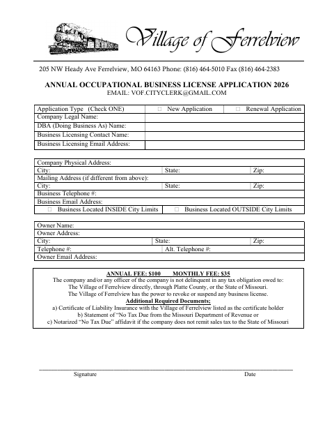 First page of the Annual Occupational Business License Application