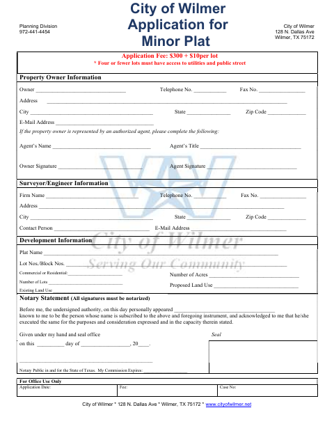 First page of the Application for Minor Plat