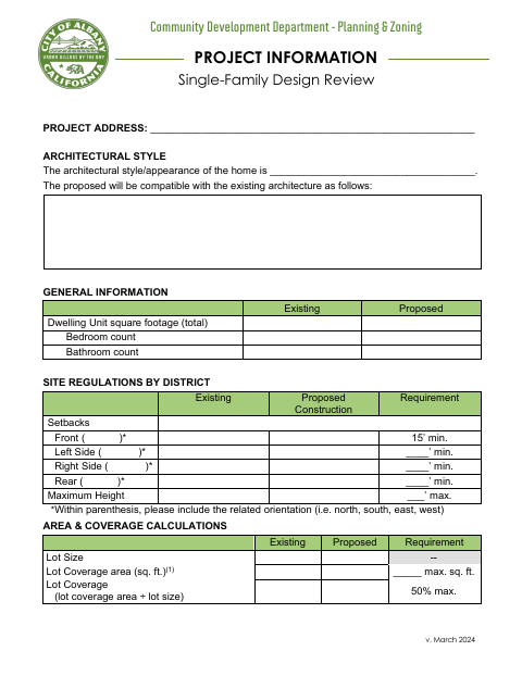 First page of the Project Information – Single-Family Design Review