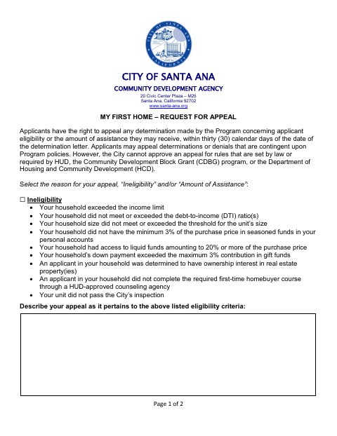 First page of the My First Home – Request for Appeal