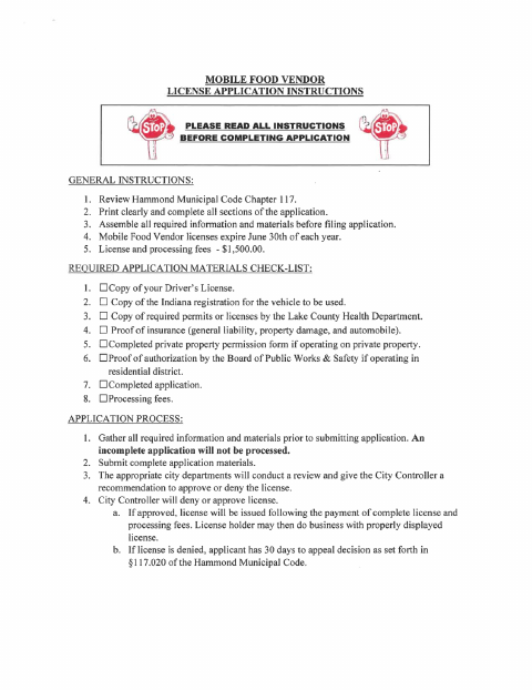 First page of the Mobile Food Vendor License Application